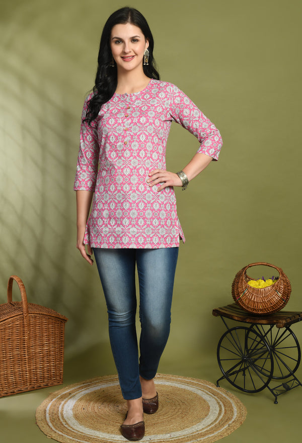 Floral Print 4 Button Straight Kurti