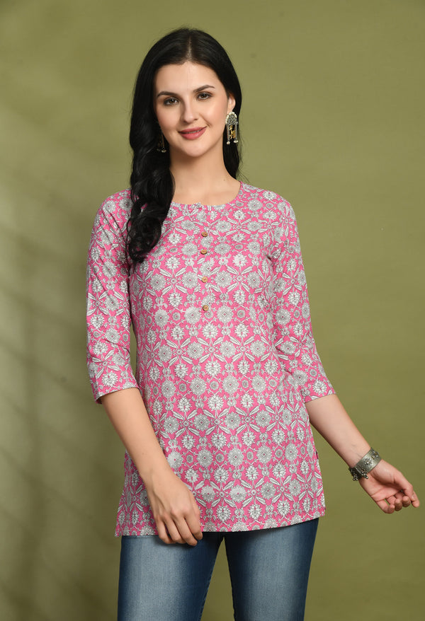 Floral Print 4 Button Straight Kurti
