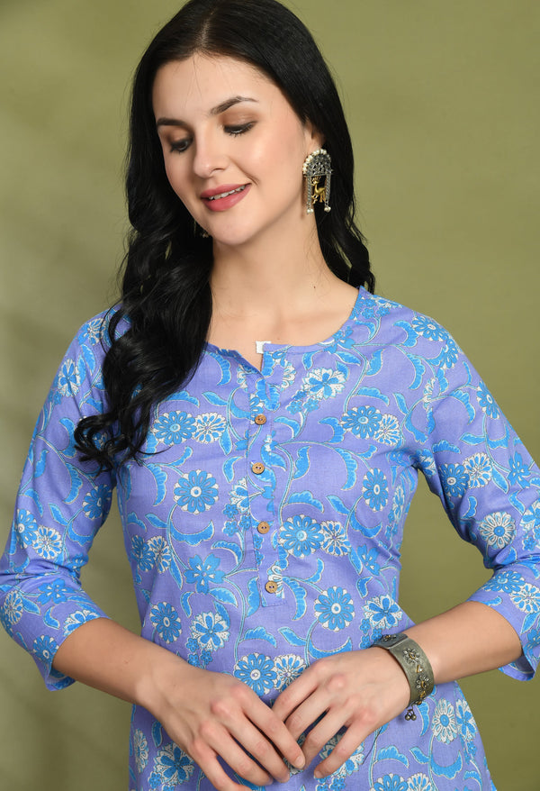 Floral Print 4 Button Straight Kurti
