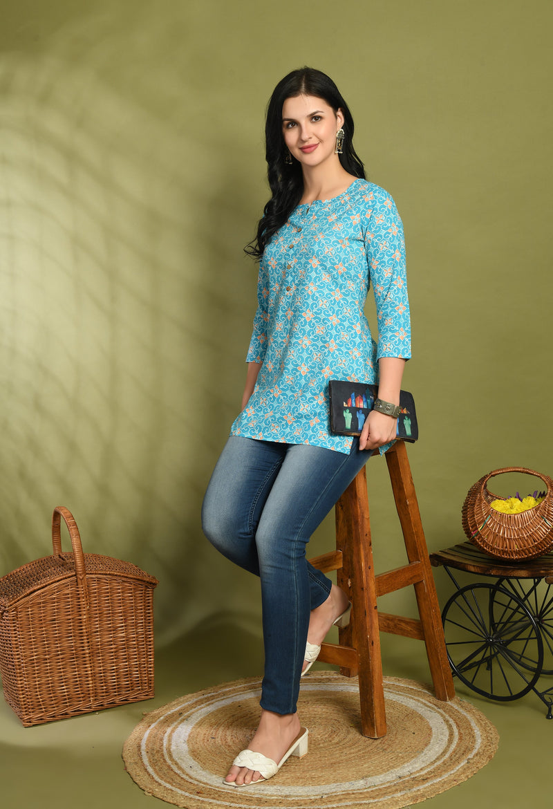 Floral Print 4 Button Straight Kurti