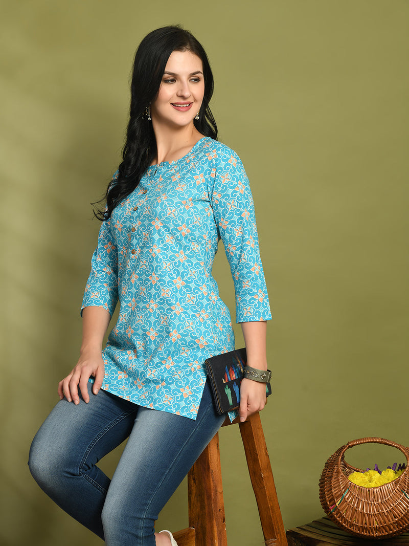 Floral Print 4 Button Straight Kurti