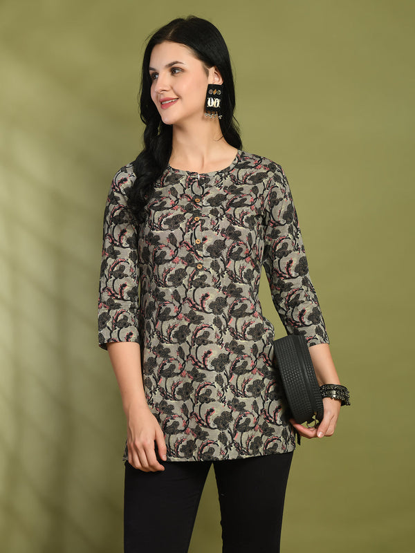Floral Print 4 Button Straight Kurti