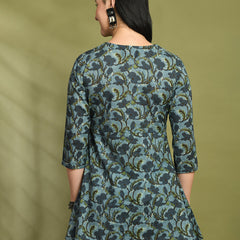 Floral Print Angrakha 3\4 Sleeves Flared Kurti