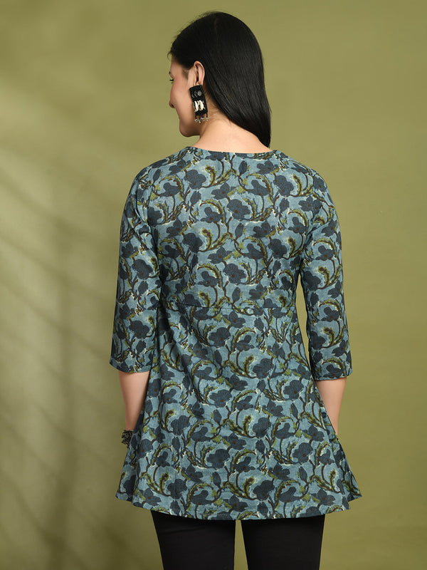 Floral Print Angrakha 3\4 Sleeves Flared Kurti