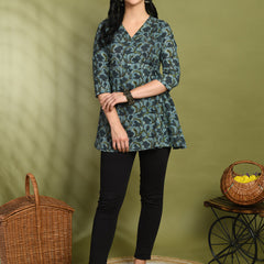Floral Print Angrakha 3\4 Sleeves Flared Kurti