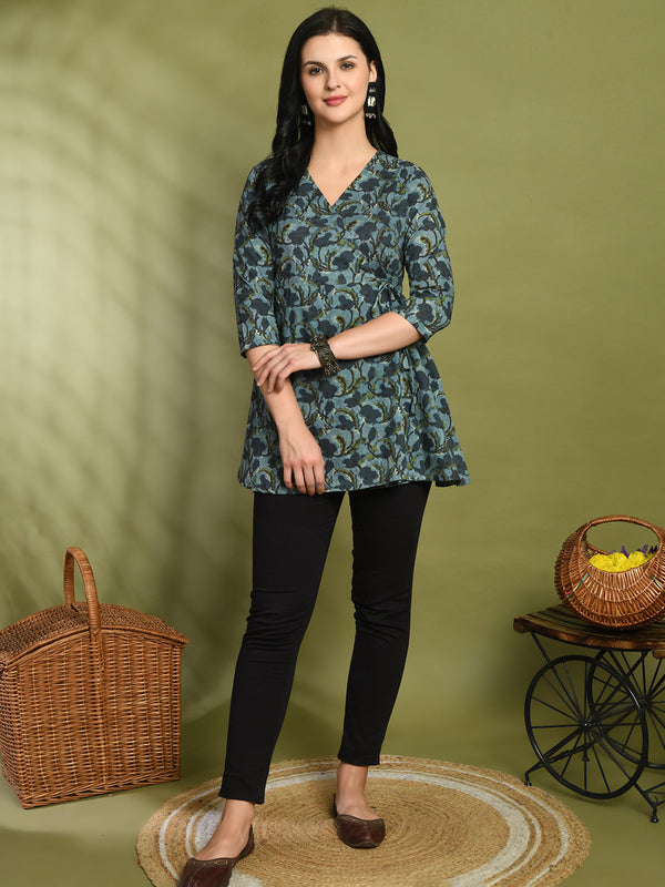 Floral Print Angrakha 3\4 Sleeves Flared Kurti