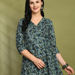Floral Print Angrakha 3\4 Sleeves Flared Kurti