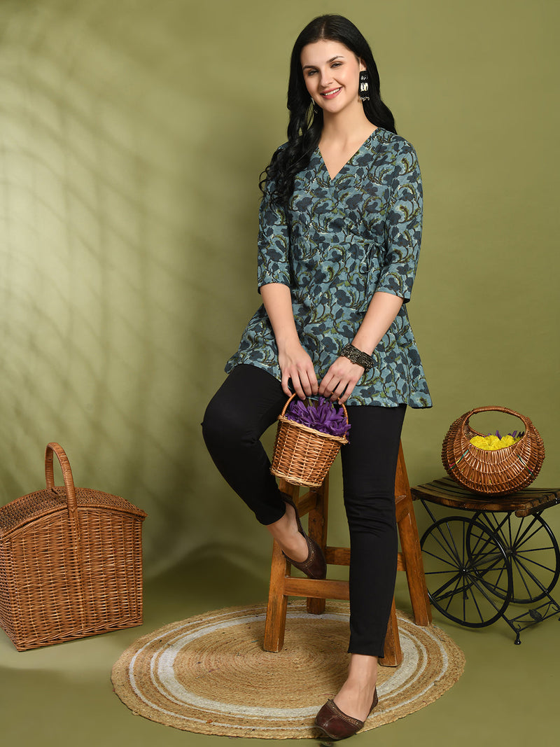Floral Print Angrakha 3\4 Sleeves Flared Kurti