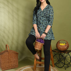 Floral Print Angrakha 3\4 Sleeves Flared Kurti