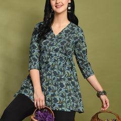 Floral Print Angrakha 3\4 Sleeves Flared Kurti