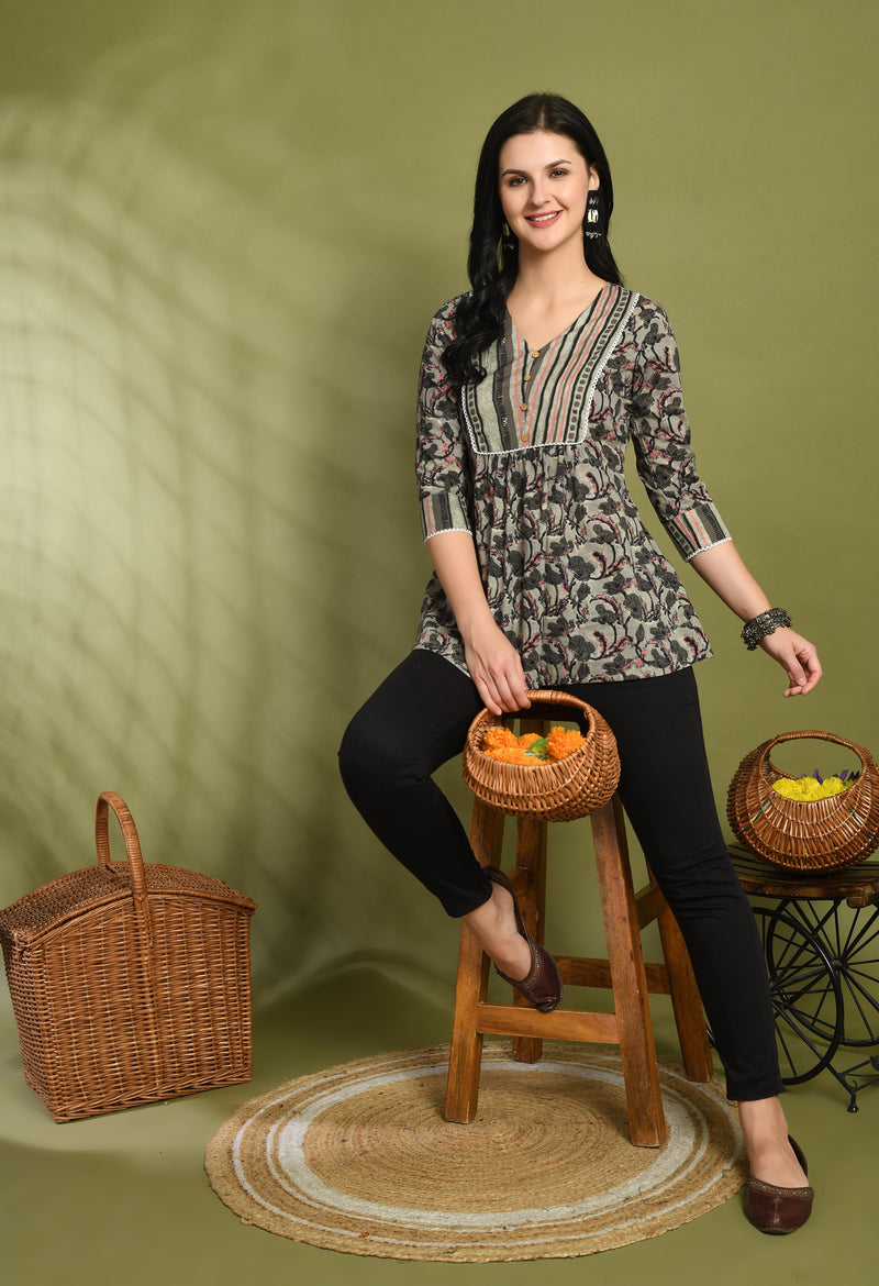 V-Neck Floral Print Peplum Short Kurti