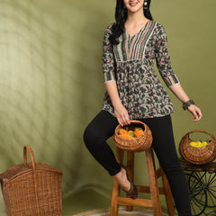 V-Neck Floral Print Peplum Short Kurti