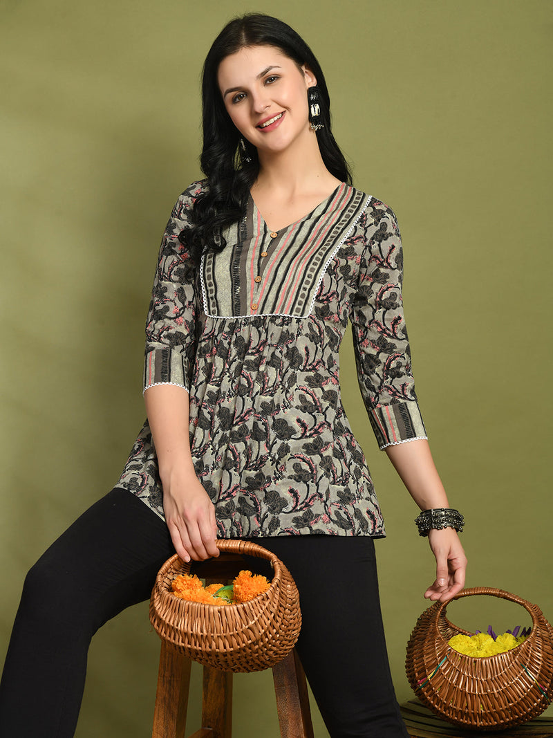 V-Neck Floral Print Peplum Short Kurti