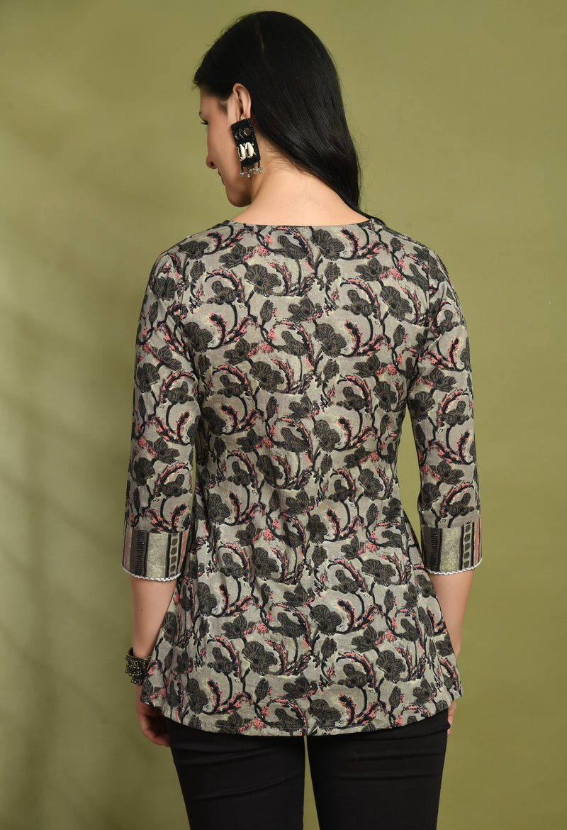 V-Neck Floral Print Peplum Short Kurti