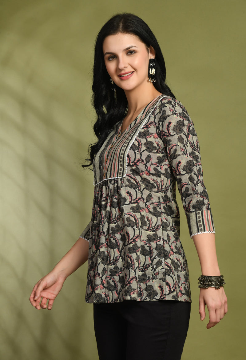 V-Neck Floral Print Peplum Short Kurti