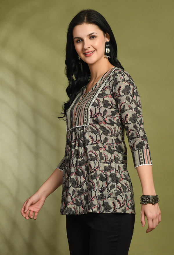 V-Neck Floral Print Peplum Short Kurti