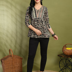 V-Neck Floral Print Peplum Short Kurti