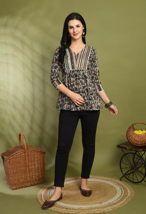 V-Neck Floral Print Peplum Short Kurti