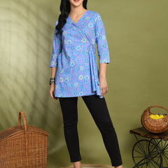 Floral Print Angrakha 3\4 Sleeves Flared Kurti