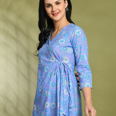 Floral Print Angrakha 3\4 Sleeves Flared Kurti