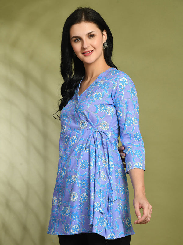 Floral Print Angrakha 3\4 Sleeves Flared Kurti