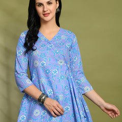 Floral Print Angrakha 3\4 Sleeves Flared Kurti