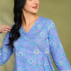 Floral Print Angrakha 3\4 Sleeves Flared Kurti