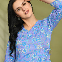 Floral Print Angrakha 3\4 Sleeves Flared Kurti