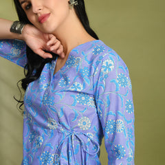 Floral Print Angrakha 3\4 Sleeves Flared Kurti