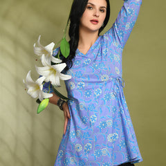 Floral Print Angrakha 3\4 Sleeves Flared Kurti