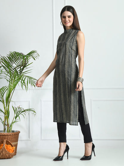 Feranoid Cotton Printed Sleeveless Straight Long Kurti FRKT6492