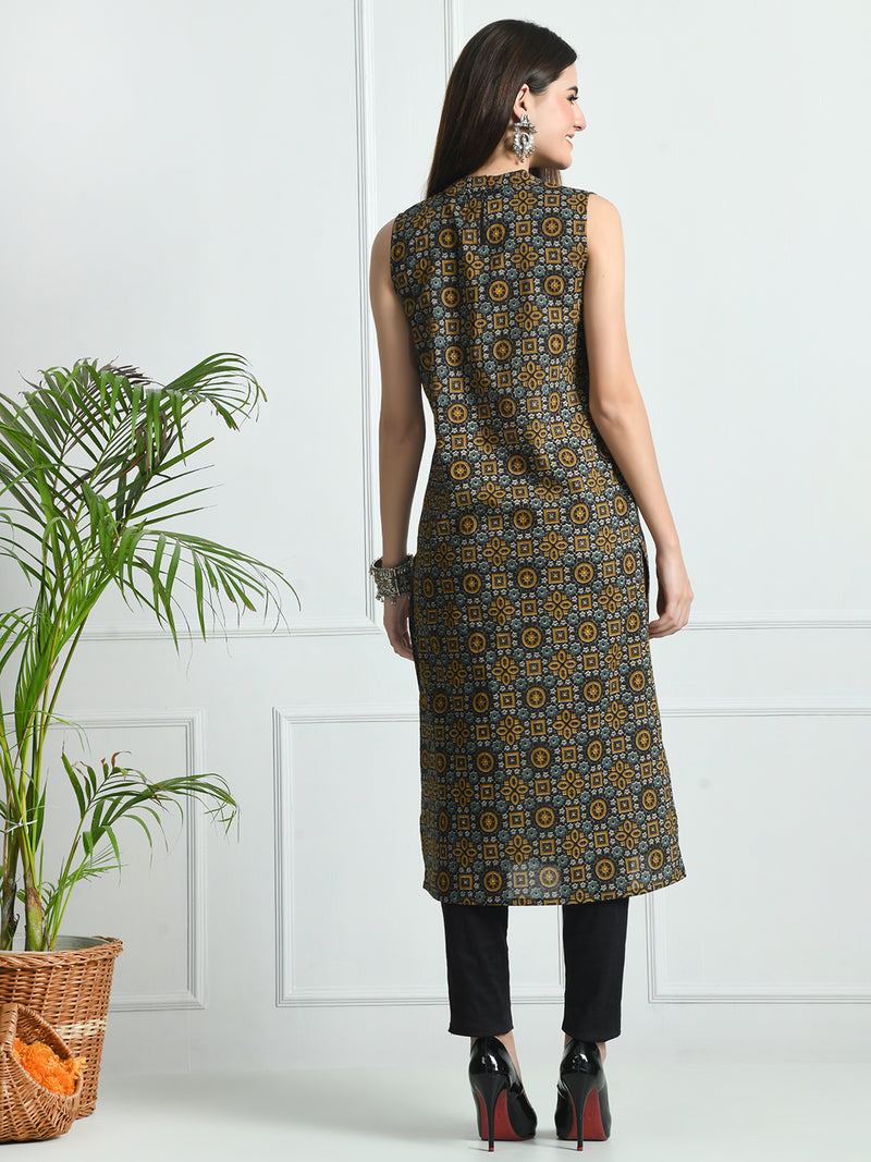 Women’s Pure Cotton Angrakha Kurti with Floral Print | 3/4 Sleeves | Adjustable Side Tie | Sizes S–XXL