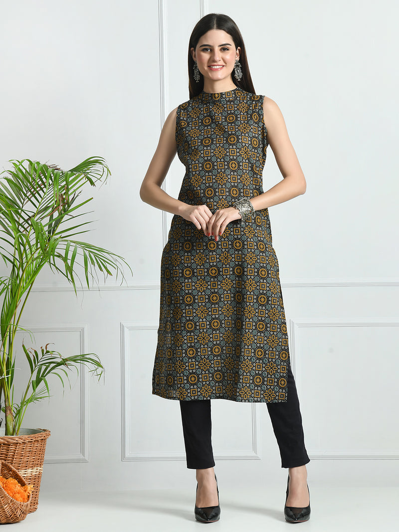 Women’s Pure Cotton Angrakha Kurti with Floral Print | 3/4 Sleeves | Adjustable Side Tie | Sizes S–XXL