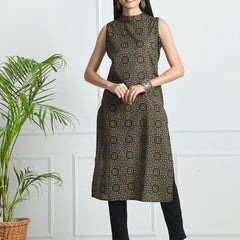 Women’s Pure Cotton Angrakha Kurti with Floral Print | 3/4 Sleeves | Adjustable Side Tie | Sizes S–XXL