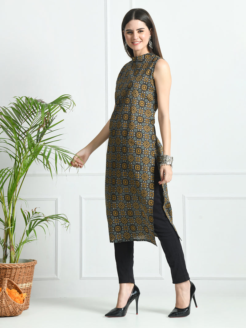 Women’s Pure Cotton Angrakha Kurti with Floral Print | 3/4 Sleeves | Adjustable Side Tie | Sizes S–XXL