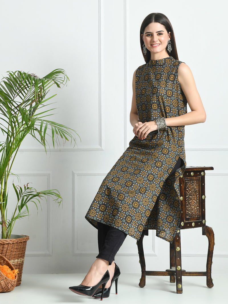 Women’s Pure Cotton Angrakha Kurti with Floral Print | 3/4 Sleeves | Adjustable Side Tie | Sizes S–XXL