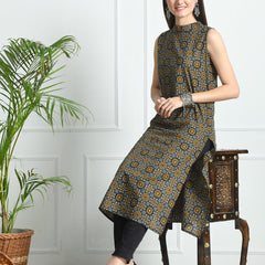 Women’s Pure Cotton Angrakha Kurti with Floral Print | 3/4 Sleeves | Adjustable Side Tie | Sizes S–XXL