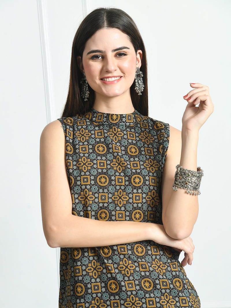 Women’s Pure Cotton Angrakha Kurti with Floral Print | 3/4 Sleeves | Adjustable Side Tie | Sizes S–XXL