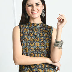 Women’s Pure Cotton Angrakha Kurti with Floral Print | 3/4 Sleeves | Adjustable Side Tie | Sizes S–XXL