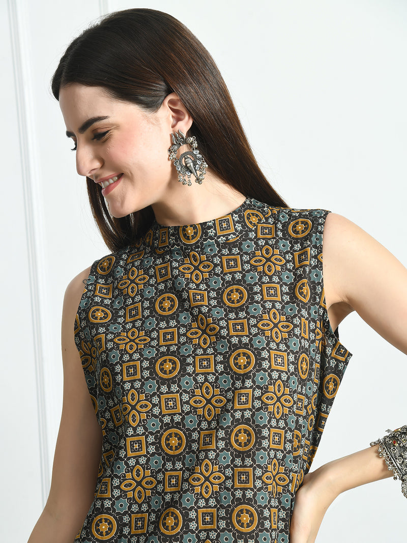 Women’s Pure Cotton Angrakha Kurti with Floral Print | 3/4 Sleeves | Adjustable Side Tie | Sizes S–XXL