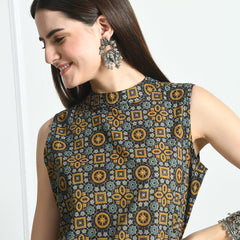 Women’s Pure Cotton Angrakha Kurti with Floral Print | 3/4 Sleeves | Adjustable Side Tie | Sizes S–XXL
