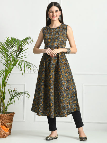 Round Neck Floral Print Sleeveless Long Kurti FRKT6490