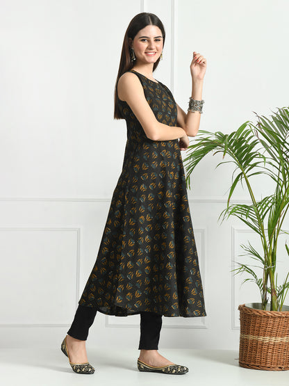 Round Neck Floral Print Sleeveless Long Kurti FRKT6489