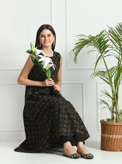 Round Neck Floral Print Sleeveless Long Kurti FRKT6489