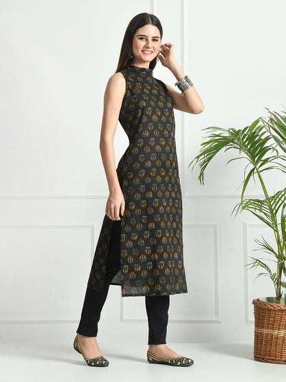 Feranoid Cotton Printed Sleeveless Straight Long Kurti FRKT6491