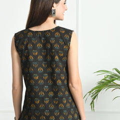 Cotton Printed V-Neck Sleeveless Short Kurti