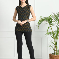 Cotton Printed V-Neck Sleeveless Short Kurti