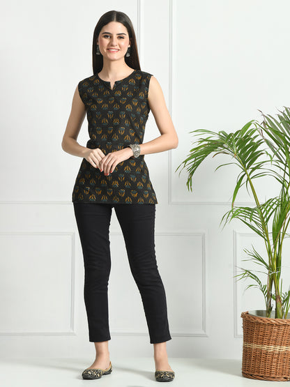 Cotton Printed V-Neck Sleeveless Short Kurti