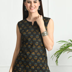 Cotton Printed V-Neck Sleeveless Short Kurti