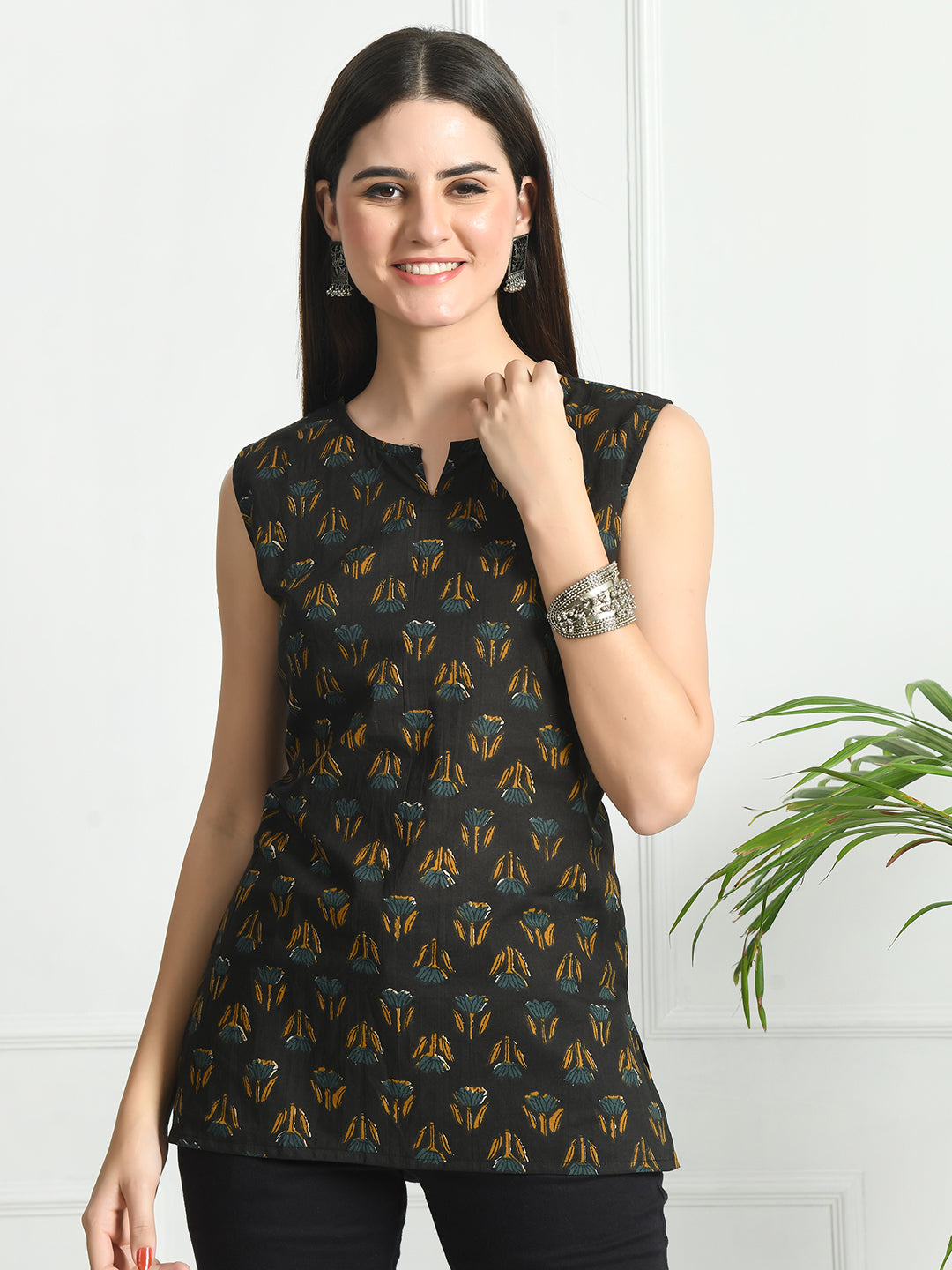 Cotton Printed V-Neck Sleeveless Short Kurti